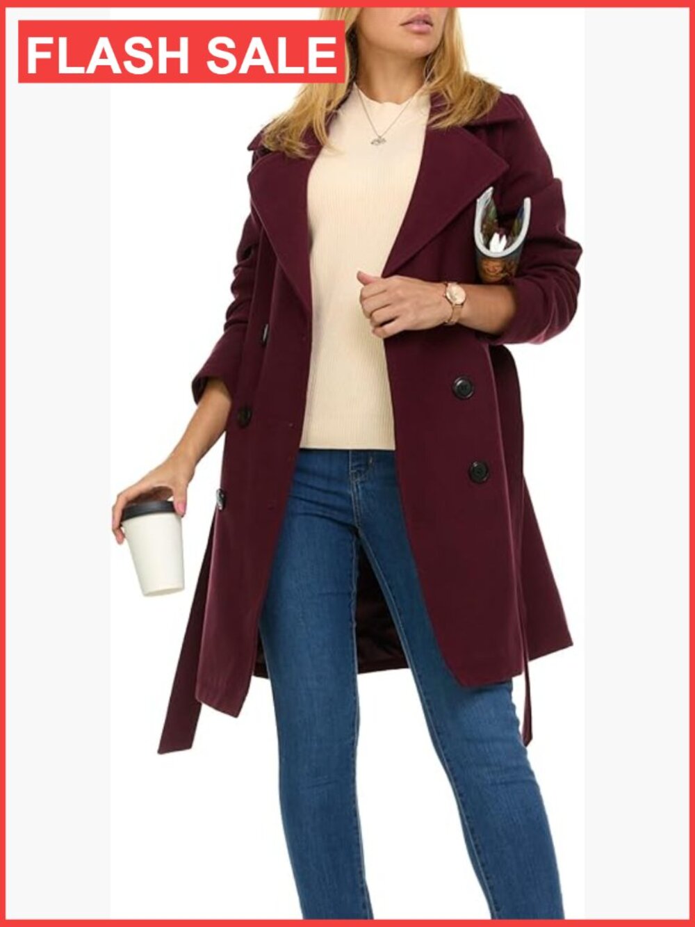 Double-Breasted Trench Coat Faux Wool Winter Coat Structured Fit Machine